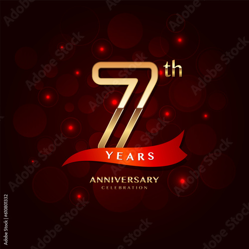 7th year anniversary celebration logo design with a golden number and red ribbon, vector template