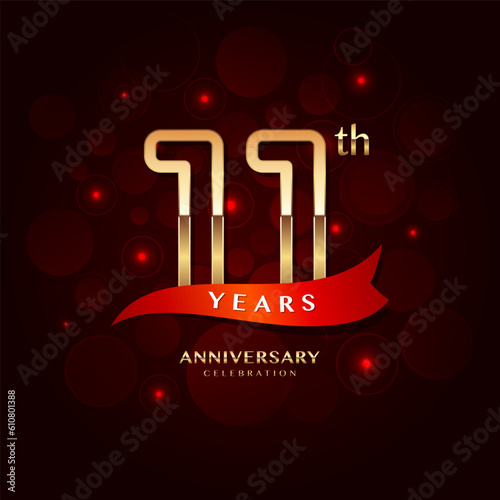 11th year anniversary celebration logo design with a golden number and red ribbon, vector template