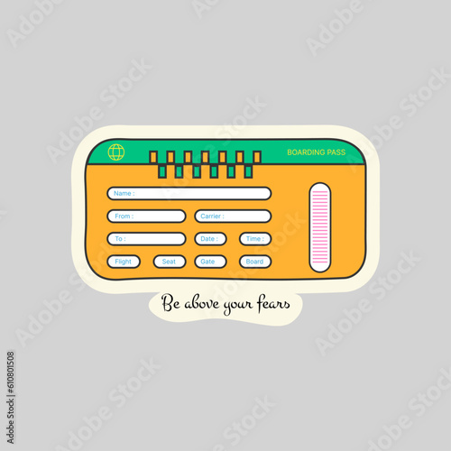 Plane ticket sticker with inscription, in flat style