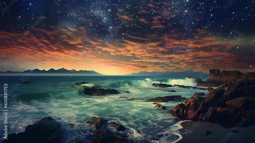 The night sky was a riot of colors with the stars and ocean waves