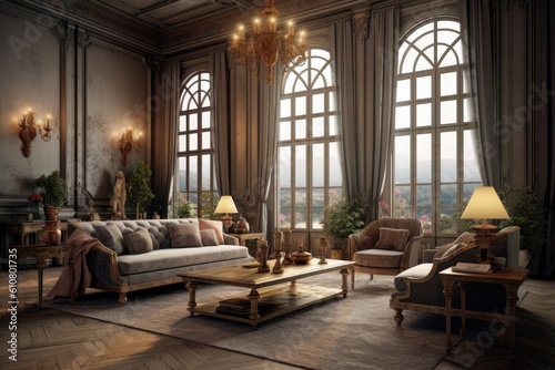 a gloomy living room in a luxurious home with a wooden console  Generative AI