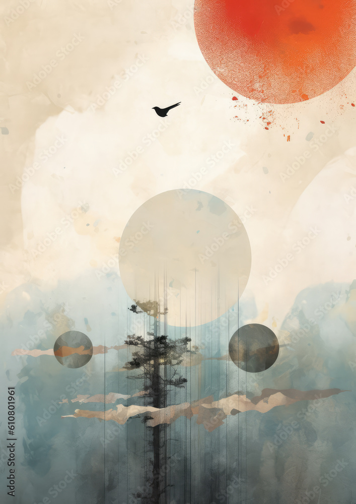 Minimalist collage of birds against the backdrop of a huge red planet or moon in the sky. Collage-style painting Minimalist collage of birds against the backdrop of a huge red planet or moon in the sky. Collage-style painting