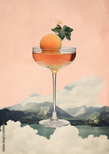 Minimalist collage of orange coctail with apricot above clouds in the sky and mountains at the background