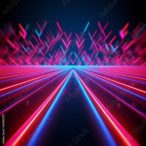 3D Render. Neon Lights and beams and rays of light on a dark background. Abstract Wallpaper. Generative AI