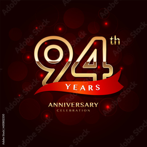 94th year anniversary celebration logo design with a golden number and red ribbon, vector template