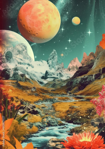 Minimalistic collage cut of three planets in the sky and snowy mountains with mountain river  fields and plants on the foreground. High quality illustration Generative AI