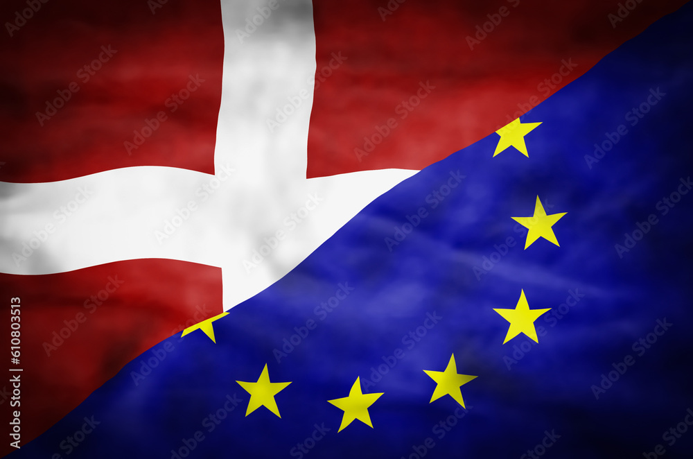Denmark and European Union mixed flag. Wavy flag of Denmark and European Union fills the frame. Denmark and European Union mixed flag. Wavy flag of Denmark and European Union fills the frame.