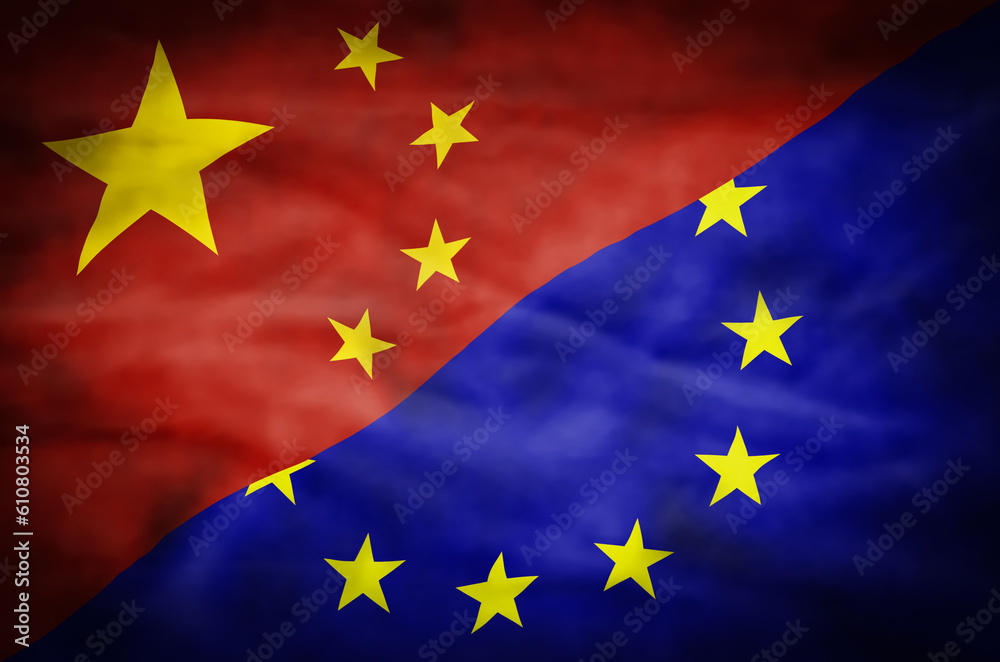 China and European Union mixed flag. Wavy flag of China and European Union fills the frame.