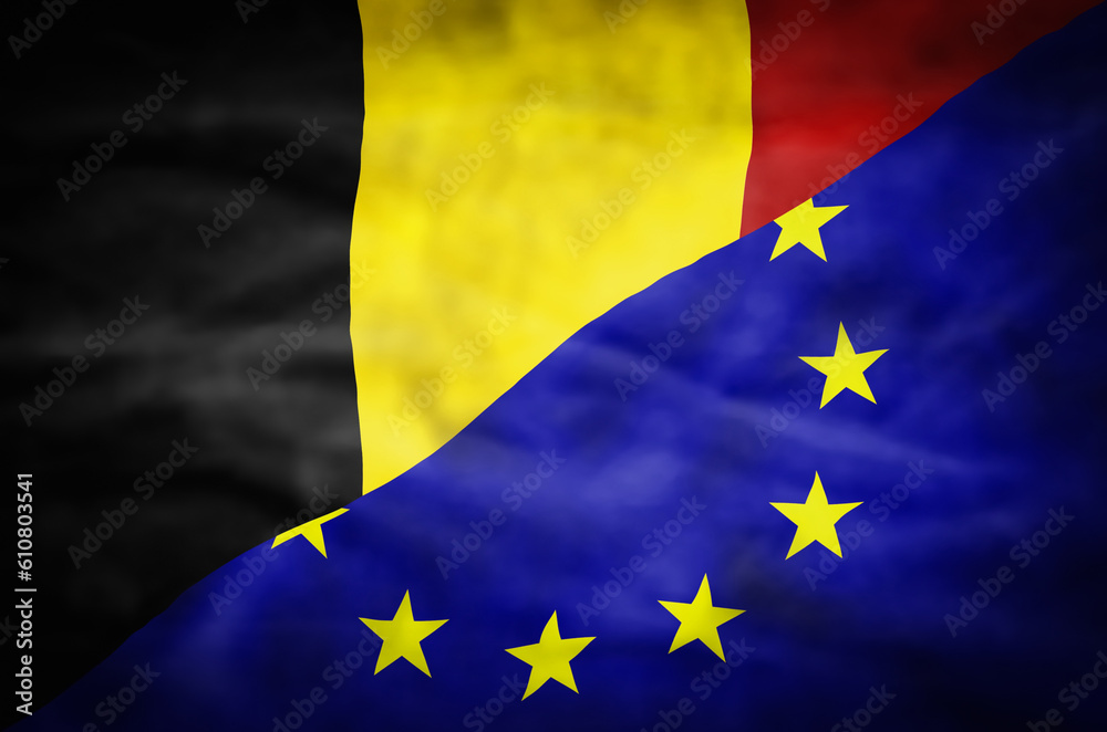 Belgium and European Union mixed flag. Wavy flag of Belgium and European Union fills the frame.