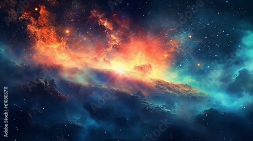a colorful and beautiful image of a space background, realistic landscapes with soft edges, light indigo and red, dark cyan and light amber, majestic, 8k, 4k, nebula, colorful space, wallpaper