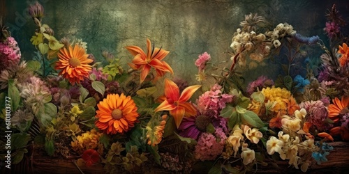 Floral Symphony composite image featuring a variety of blooming flowers Generative AI Digital Illustration Part#060623 