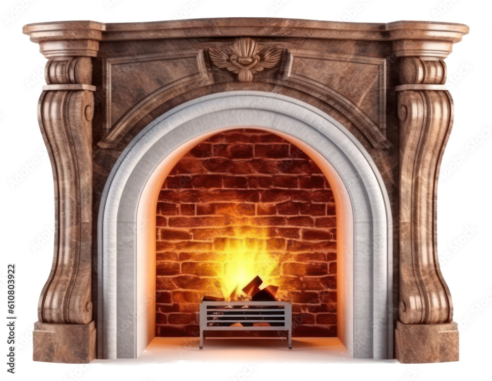 Classic burning fireplace isolated. Generative AI. Classic burning fireplace isolated. Generative AI.