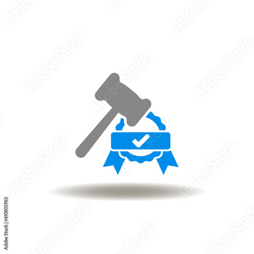 Vector illustration of gavel and seal with check mark. Icon of legacy, inheritance. Symbol of probate. Sign of law standard quality.