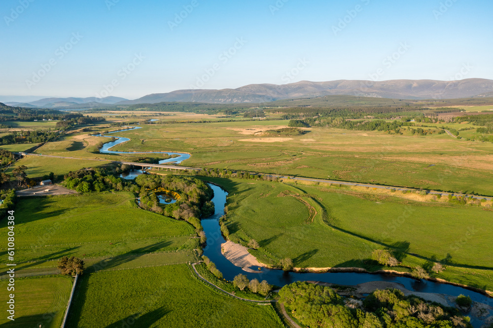 Aerial View of the Scottish Countryside and the River Spey Near Kingussie