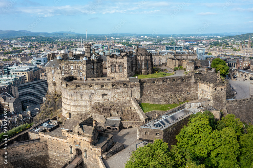 Aerial View of Edinburgh Castle In Old Town on a Sunny Day Looking West