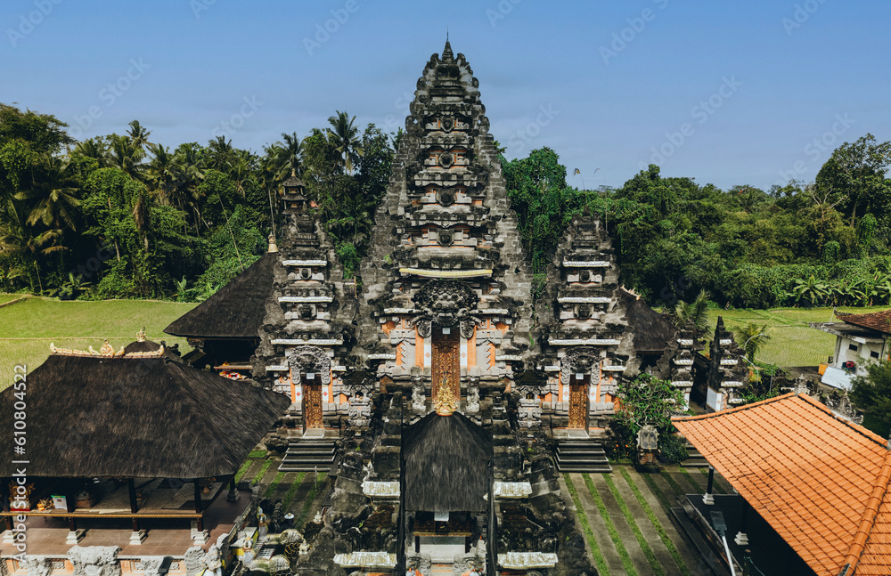 Aerial view of beautiful complex traditional Hinduism stone balinese temple. Holy asian pura architecture, Indonesia
