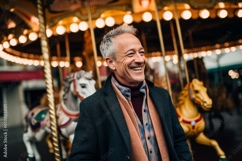 Close-up portrait photography of a grinning man in his 50s that is wearing a chic cardigan against an old-fashioned carousel in motion at a city square background .  Generative AI