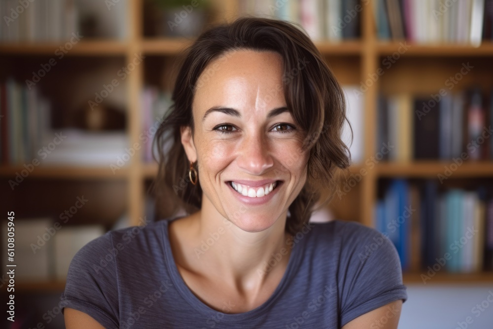 Portrait of smiling woman looking at camera in living room at home