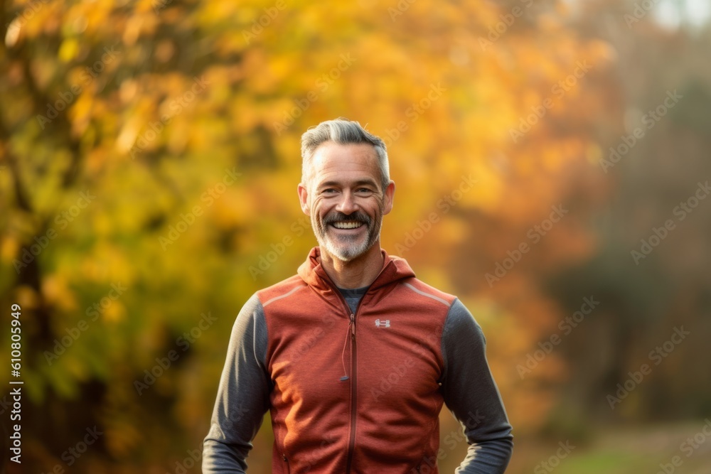 Medium shot portrait photography of a grinning man in his 50s that is wearing a pair of leggings or tights against an autumn foliage background . Generative AI Medium shot portrait photography of a grinning man in his 50s that is wearing a pair of leggings or tights against an autumn foliage background . Generative AI