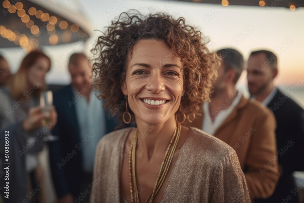 Obraz premium Portrait of beautiful young woman with curly hair smiling and looking at camera with friends on background