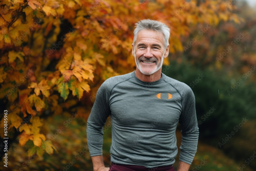 Medium shot portrait photography of a grinning man in his 50s that is wearing a pair of leggings or tights against an autumn foliage background . Generative AI Medium shot portrait photography of a grinning man in his 50s that is wearing a pair of leggings or tights against an autumn foliage background . Generative AI