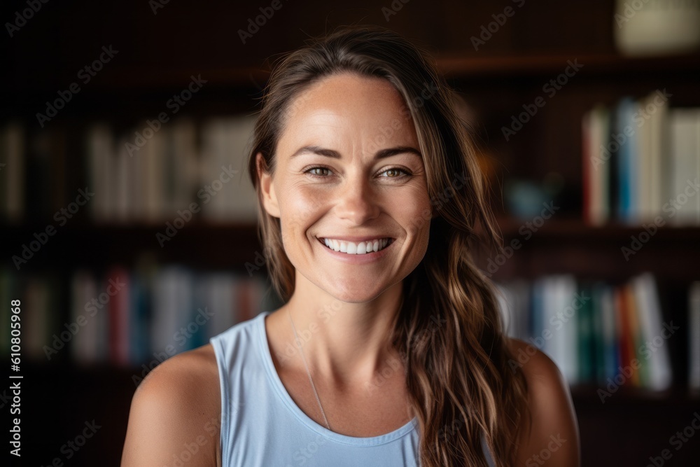 Portrait of smiling young woman standing against bookshelf at home Portrait of smiling young woman standing against bookshelf at home