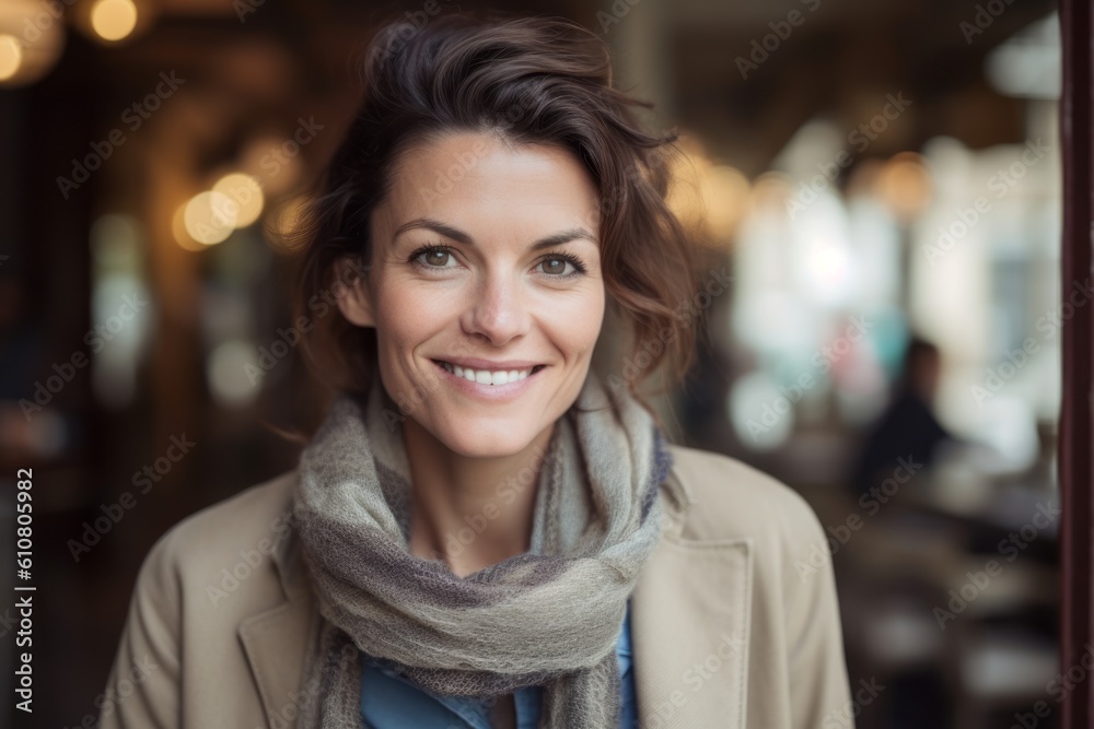 Portrait of smiling woman in coat and scarf standing in coffee shop Portrait of smiling woman in coat and scarf standing in coffee shop