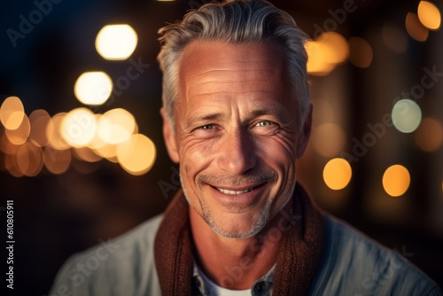 Portrait of handsome mature man smiling at camera in city at night