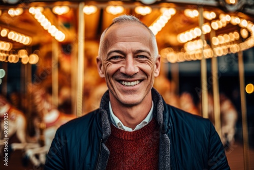 Close-up portrait photography of a grinning man in his 50s that is wearing a chic cardigan against an old-fashioned carousel in motion at a city square background .  Generative AI © Eber Braun