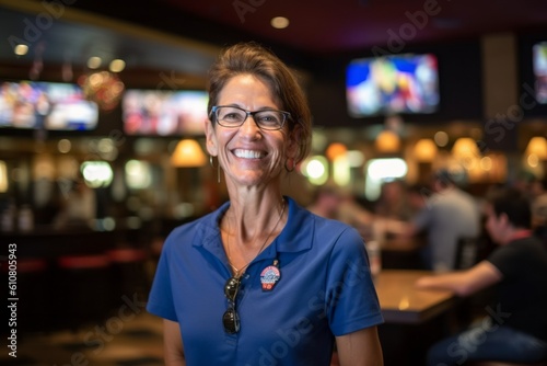 Portrait of senior woman with glasses at bar counter in night club