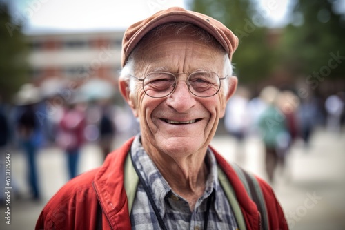 Portrait of a smiling senior man with glasses in the street.