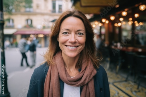Close-up portrait photography of a grinning woman in her 40s that is wearing a chic cardigan against a parisian or european cafe background .  Generative AI photo