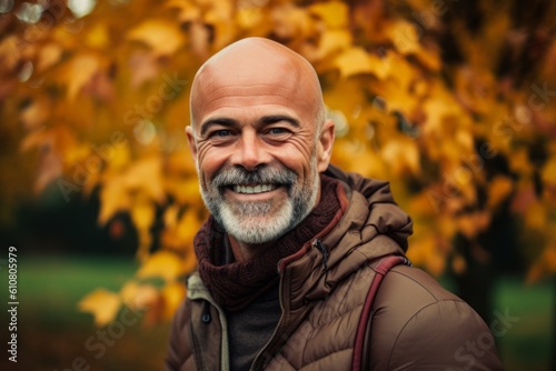 Portrait of a smiling senior man in the autumn park. Portrait of an elderly man.