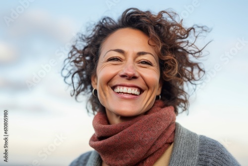 Close up portrait of a happy young woman in scarf and sweater smiling outdoors