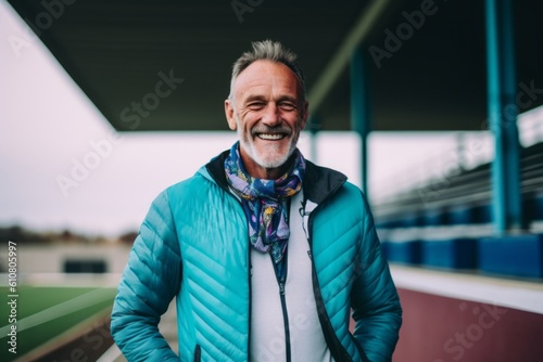 Medium shot portrait photography of a grinning man in his 50s that is wearing a trendy jumpsuit against a sports field or stadium background . Generative AI