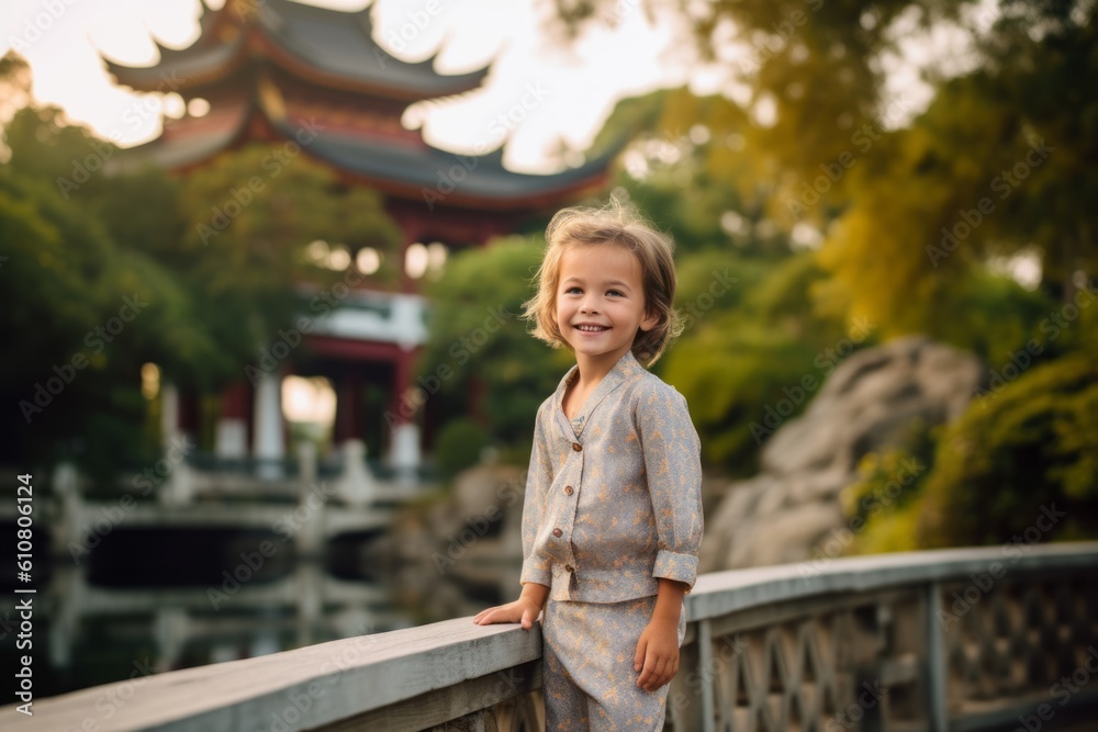 Close-up portrait photography of a pleased child female that is wearing a smart pair of trousers against a beautiful oriental garden with pagodas and bridges background .  Generative AI