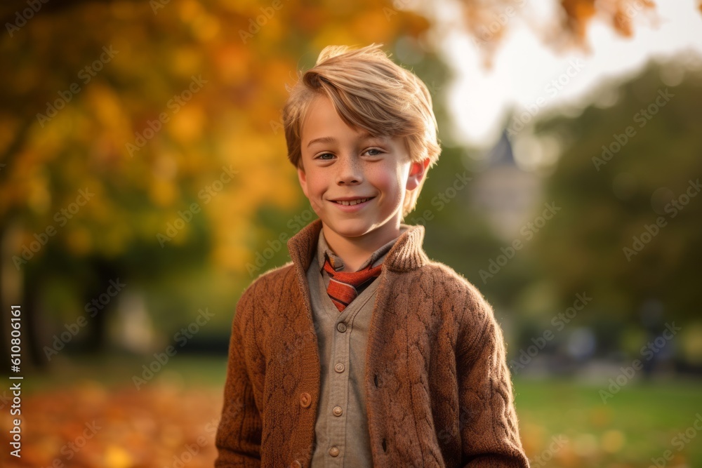 Portrait of a smiling boy in the autumn park. Selective focus. Portrait of a smiling boy in the autumn park. Selective focus.