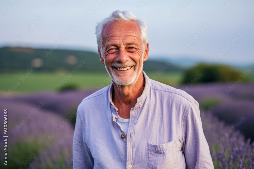 Portrait of happy senior man standing in lavender field at sunset Portrait of happy senior man standing in lavender field at sunset