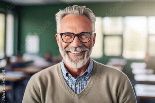 Portrait of smiling senior man in eyeglasses standing in classroom