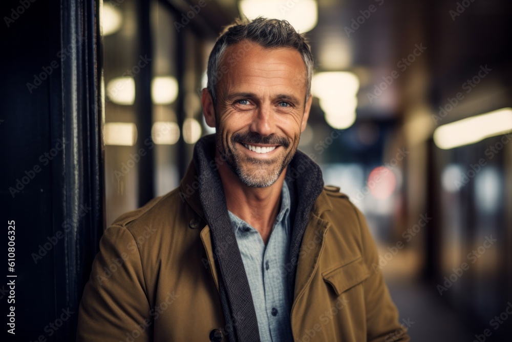 Obraz premium Close-up portrait photography of a pleased man in his 40s that is wearing a chic cardigan against a tunnel or underground passage background . Generative AI