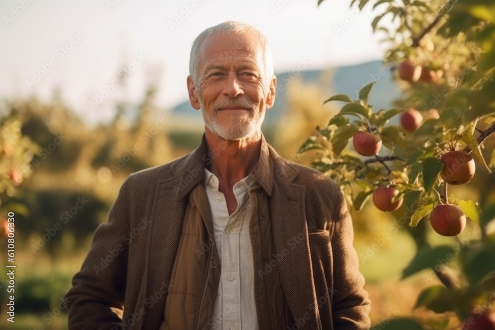 Portrait of senior man standing in apple orchard and looking at camera Portrait of senior man standing in apple orchard and looking at camera