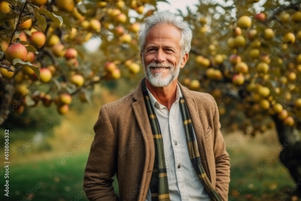 Portrait of a senior man in an apple orchard on a fall day Portrait of a senior man in an apple orchard on a fall day