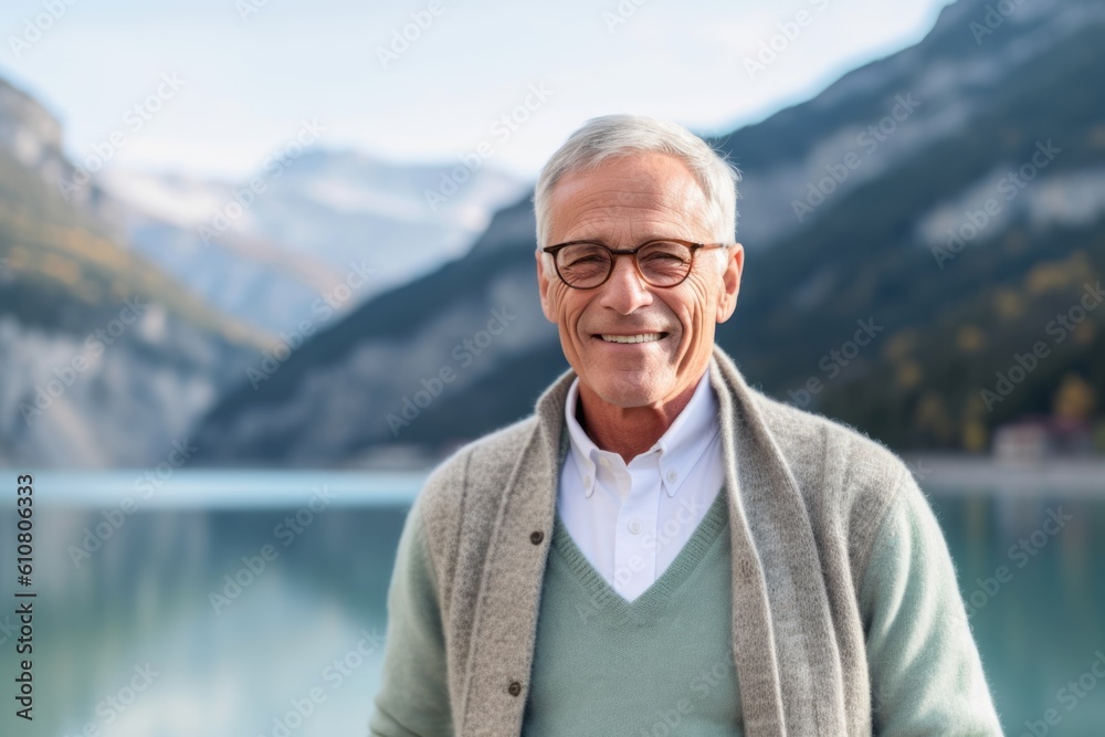 Portrait of senior man with eyeglasses against lake and mountains Portrait of senior man with eyeglasses against lake and mountains