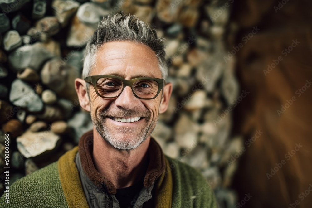 Portrait of smiling senior man with eyeglasses against stone wall Portrait of smiling senior man with eyeglasses against stone wall