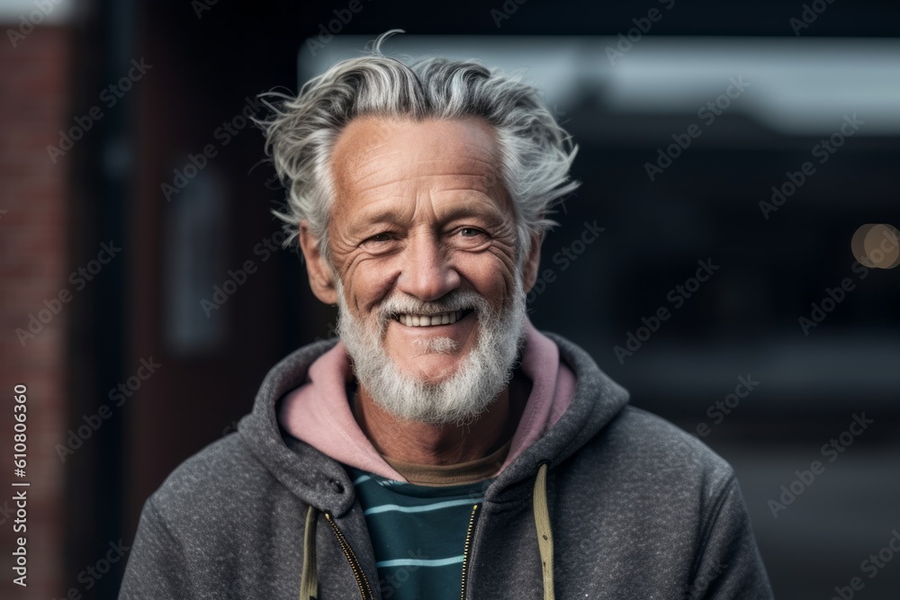 Portrait of senior man smiling at camera while standing in city street Portrait of senior man smiling at camera while standing in city street