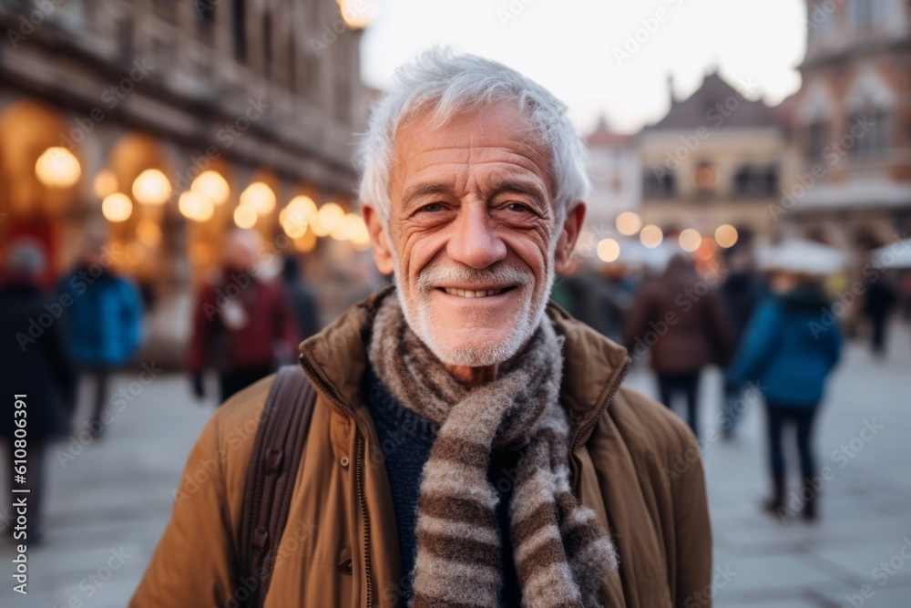 Portrait of an elderly man on the background of the Christmas market Portrait of an elderly man on the background of the Christmas market