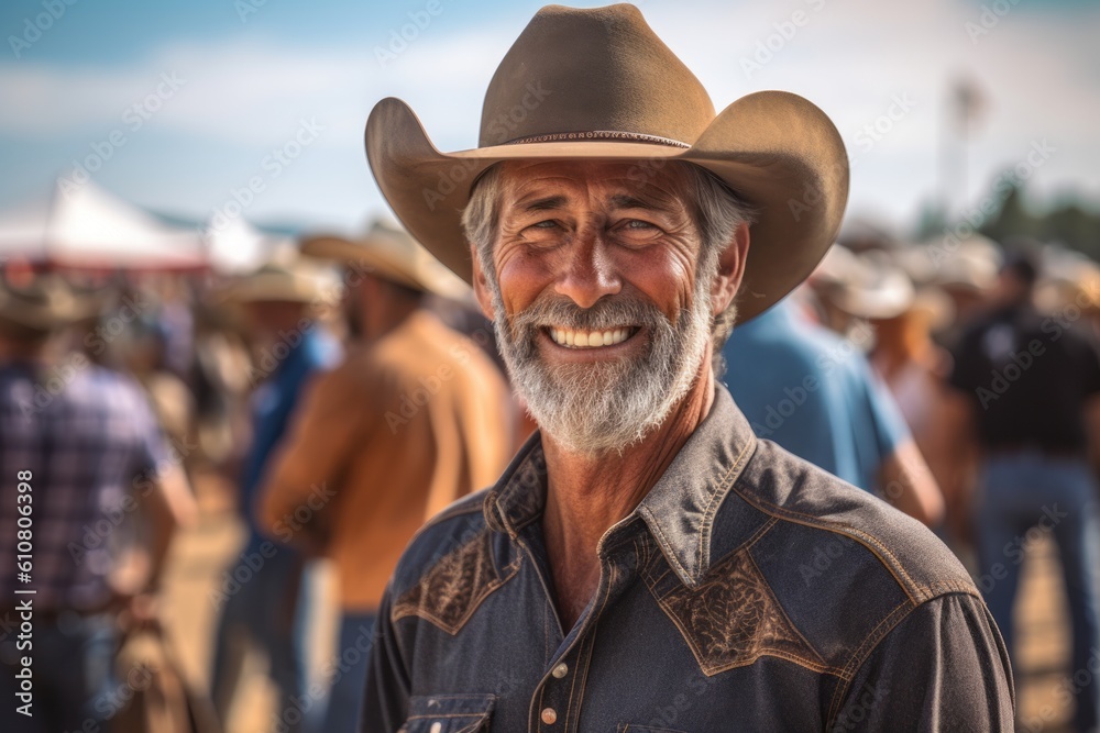 Portrait of a smiling senior cowboy at the rodeo outdoors.