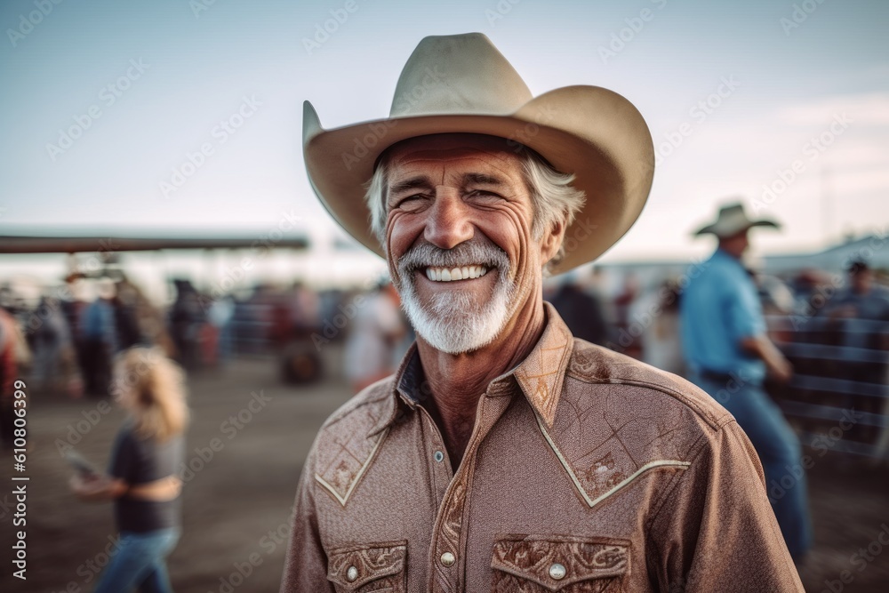 Fototapeta premium Portrait of a senior cowboy smiling and looking at camera while standing in a rodeo