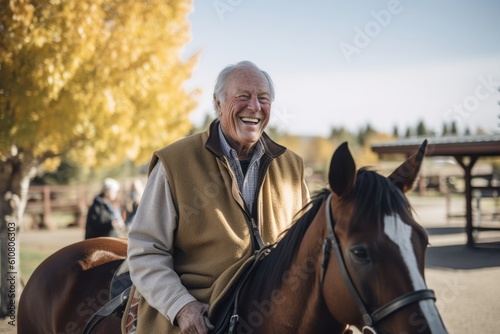 Elderly man on horseback in autumn park. Portrait of happy senior man on horseback.