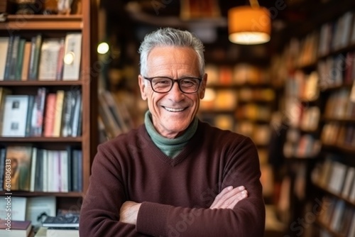 Portrait of smiling senior man in glasses standing in library at home